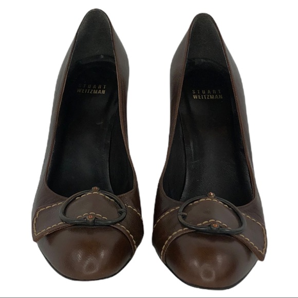 Stuart Weitzman Brown Pebbled Leather Jewel Embellished Pumps - Picture 5 of 10